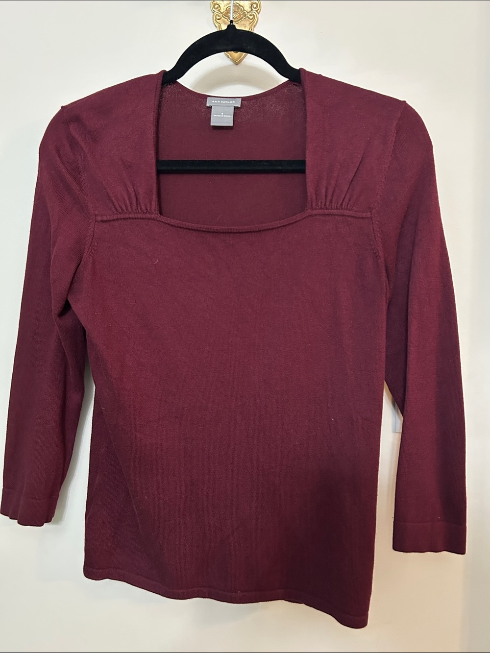 Ann Taylor Burgundy Square-Neck Long Sleeve Top